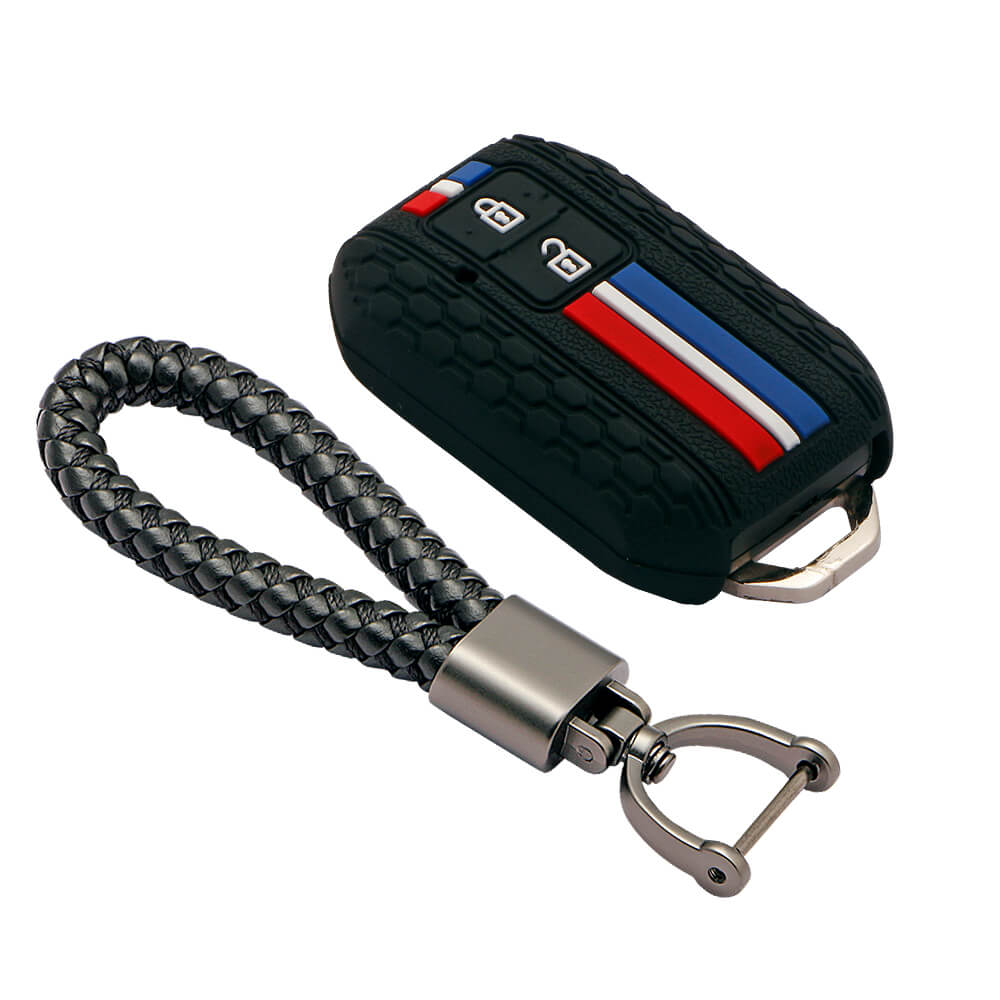 Keyzone striped cover and keychain fit for : Jimny, Baleno, Grand Vitara, Xl6, Ignis, Swift, Ertiga, New Brezza 2022, Fronx, Dzire 2b smart key (KZS-01, Leather Thread Keychain) - Keyzone