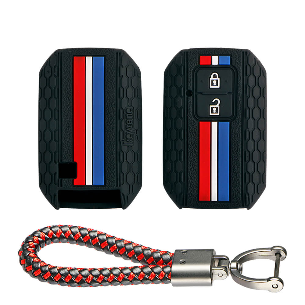 Keyzone striped cover and keychain fit for : Jimny, Baleno, Grand Vitara, Xl6, Ignis, Swift, Ertiga, New Brezza 2022, Fronx, Dzire 2b smart key (KZS-01, Leather Thread Keychain) - Keyzone