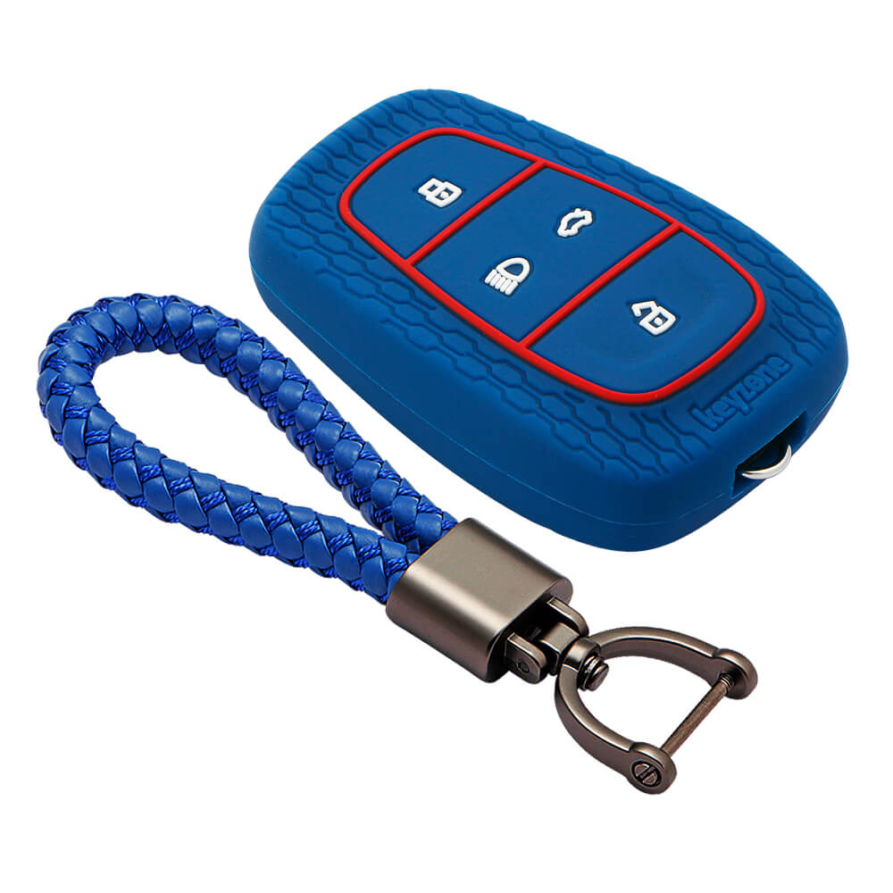 Keyzone striped key cover and keychain fit for : Tata Nexon, Altroz, Harrier, Tigor Bs6, Safari Gold, Punch, Tigor Ev, Safari 2021 4 button smart key (KZS-02, Leather Thread Keychain) - Keyzone