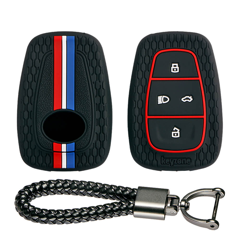 Keyzone striped key cover and keychain fit for : Tata Nexon, Altroz, Harrier, Tigor Bs6, Safari Gold, Punch, Tigor Ev, Safari 2021 4 button smart key (KZS-02, Leather Thread Keychain) - Keyzone