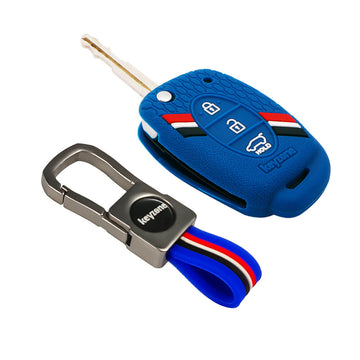 Keyzone® striped silicone key cover & metal striped keychain for Creta, Venue, Aura, i20, Grand i10 Nios, Xcent 3 button flip key (KZS-03, KZMTKC)