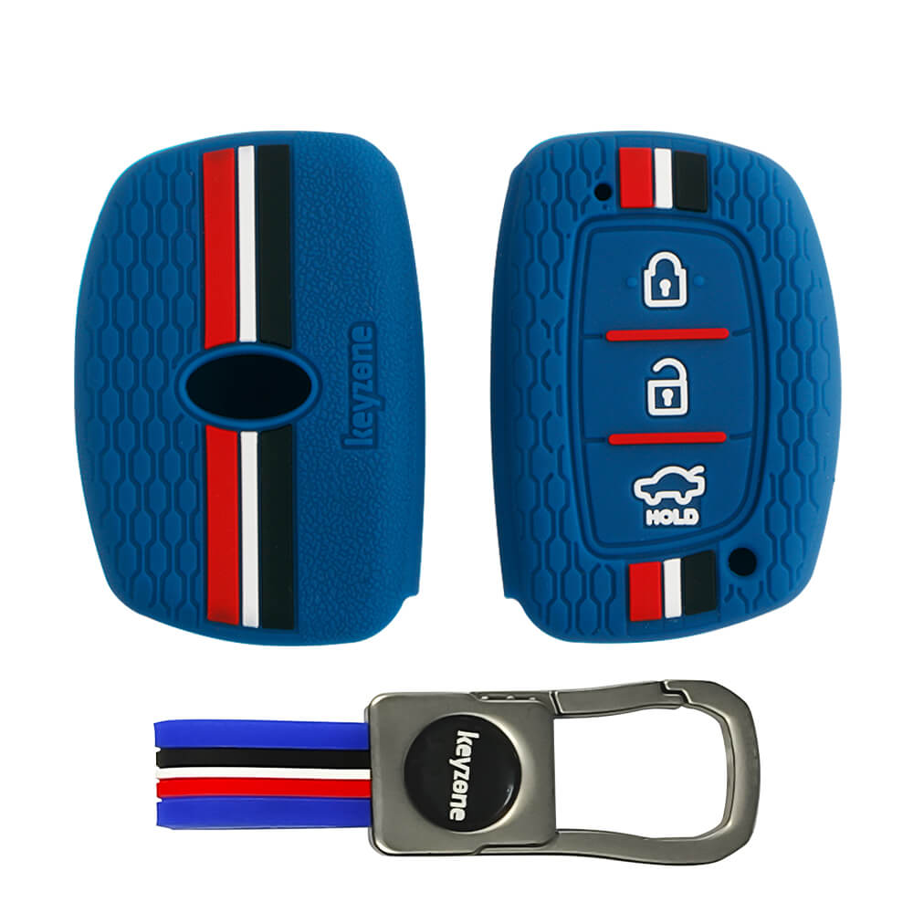 Keyzone Striped Silicone Key Cover & Metal striped keychain for Hyundai i20 Creta Exter Grand i10 Xcent Verna 4s Tucson Elantra 3 button Smart Key (KZS-05, KZMTKC)