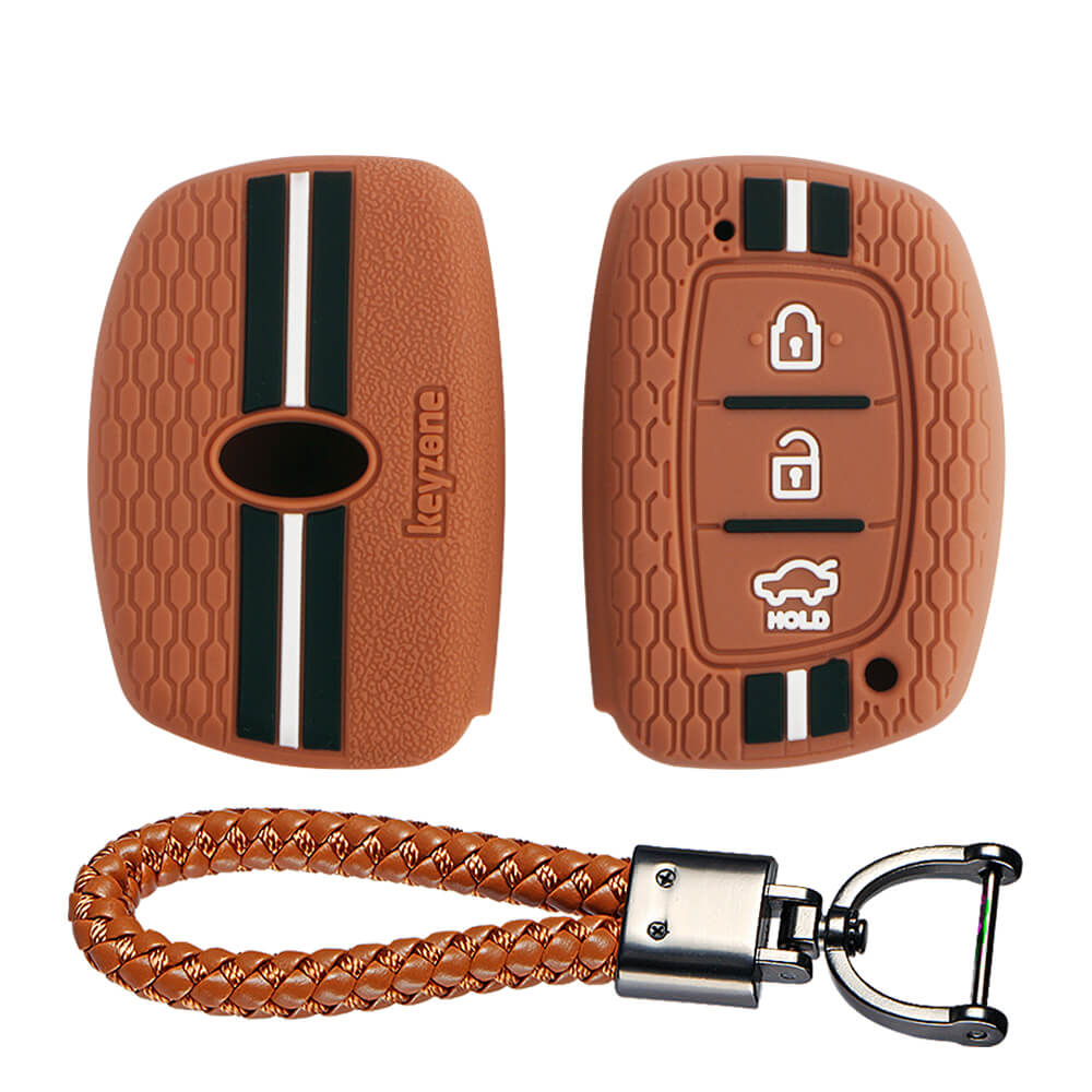 Keyzone striped key cover and keychain fit for : Exter, Creta, Elite I20, Active I20, Aura, Verna 4s, Xcent, Tucson, Elantra 3 button smart key (KZS-05, Leather Thread Keychain) - Keyzone