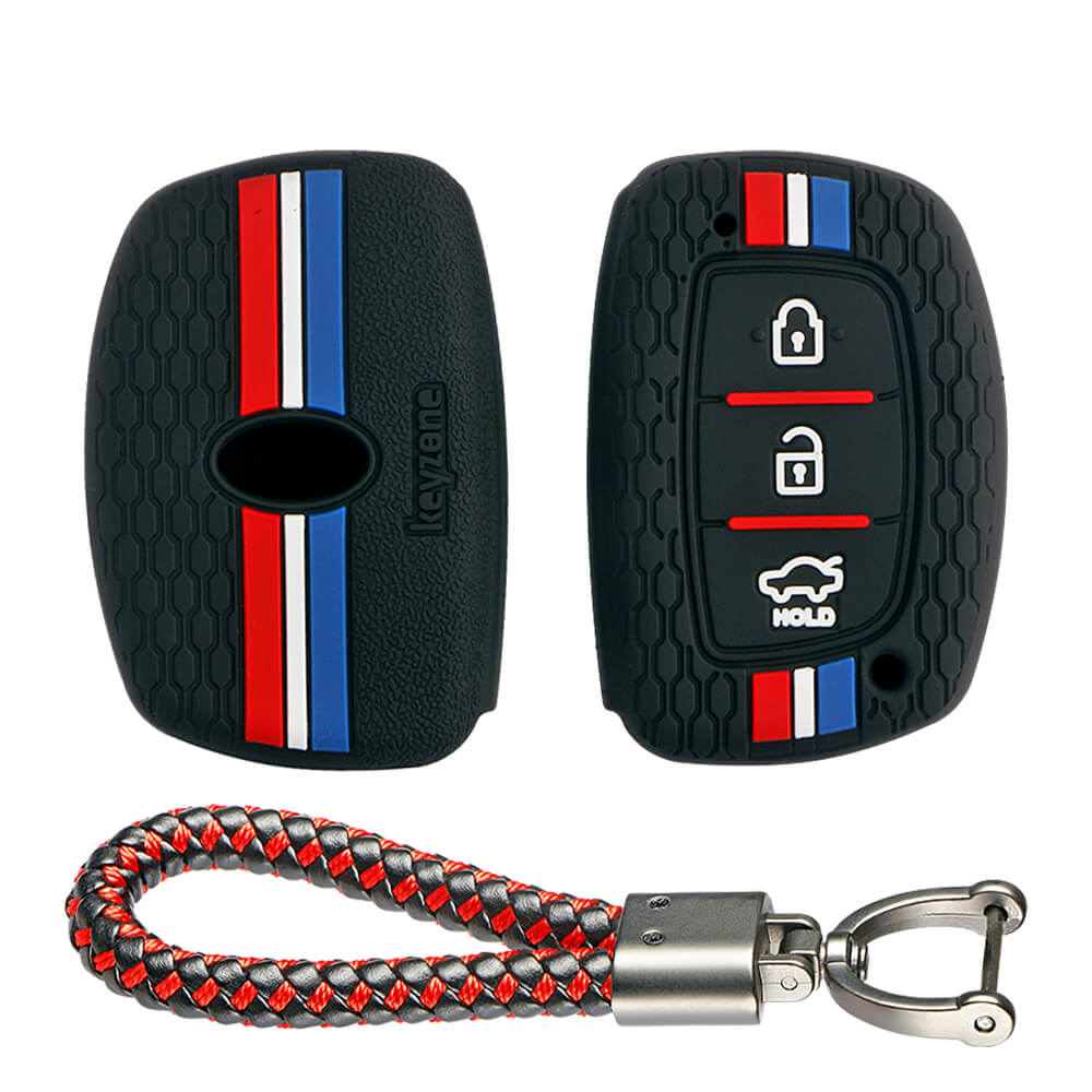 Keyzone striped key cover and keychain fit for : Exter, Creta, Elite I20, Active I20, Aura, Verna 4s, Xcent, Tucson, Elantra 3 button smart key (KZS-05, Leather Thread Keychain) - Keyzone