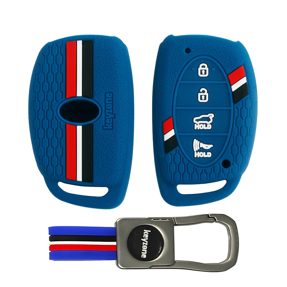 Keyzone Striped Silicone Key Cover & Metal striped keyring for Hyundai i20 Creta Venue Tucson Elantra 4 Button Smart Key (KZS-06,KZMTKC)