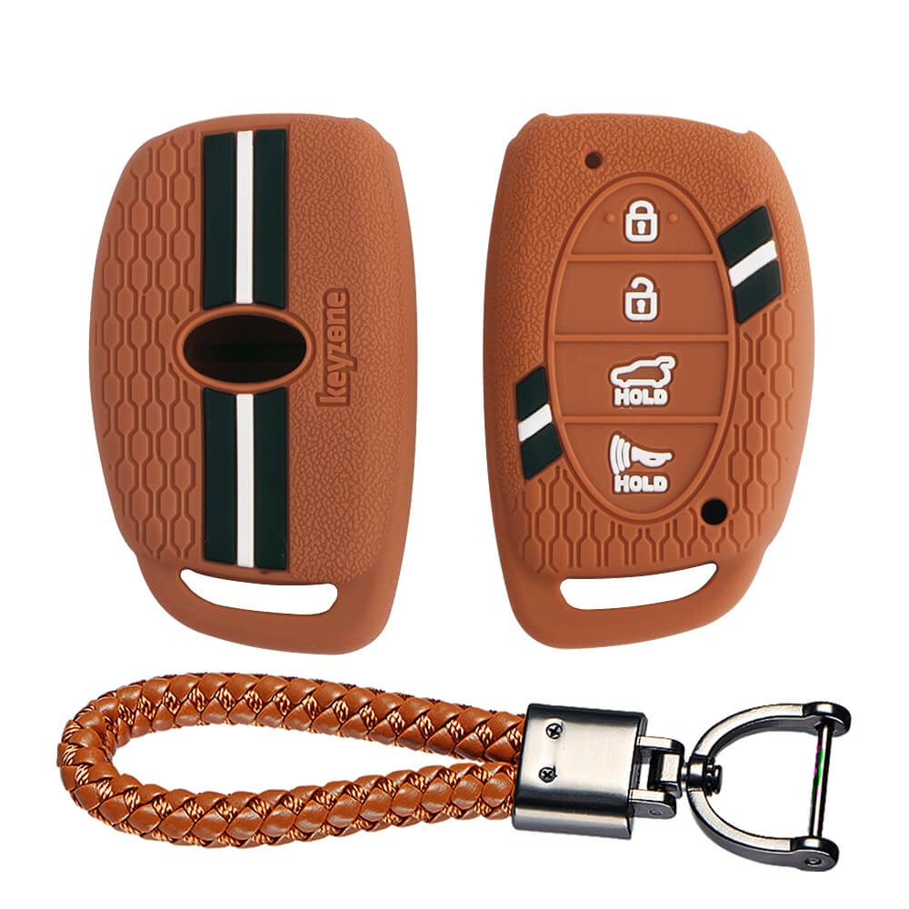 Keyzone striped key cover and keychain fit for : Venue, Elantra, Tucson, I20 N Line 2021, Creta 2020, i20 2020 Hyundai 4 button smart key (KZS06, Leather Thread Keychain) - Keyzone