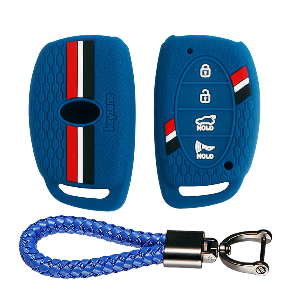 Keyzone striped key cover and keychain fit for : Venue, Elantra, Tucson, I20 N Line 2021, Creta 2020, i20 2020 Hyundai 4 button smart key (KZS06, Leather Thread Keychain) - Keyzone