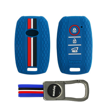 Keyzone striped silicone key cover & metal striped keychain for Kia Seltos 3 button smart key (KZS-09, KZMTKC)