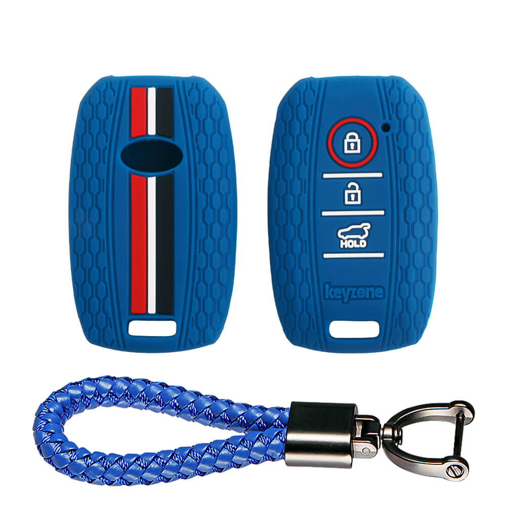 Keyzone striped key cover and keychain fit for : Seltos 3 button smart key (KZS-09, Leather Thread Keychain) - Keyzone