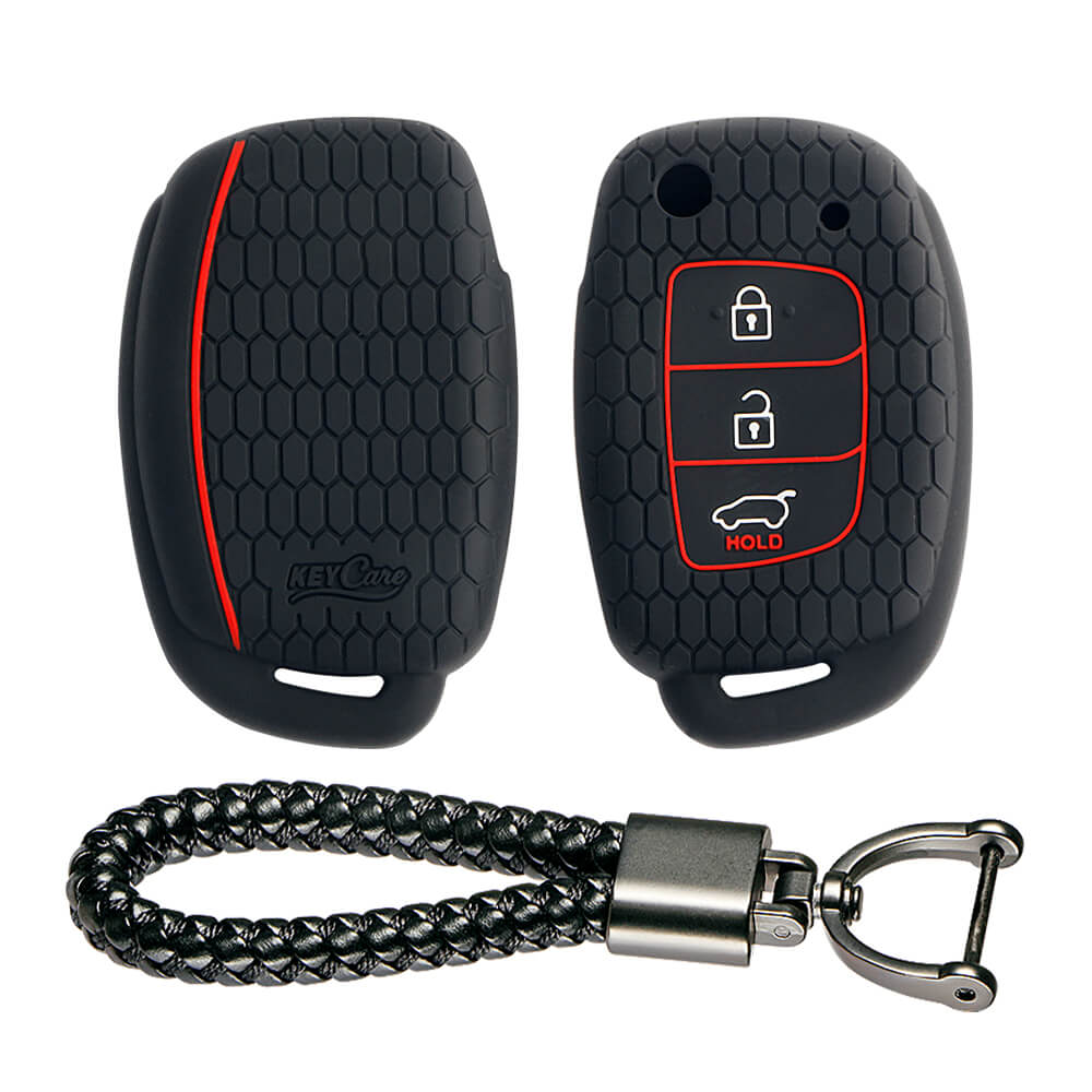 Keycare silicone key cover and keyring fit for : Creta, I20 2020, I20 Elite, I20 Active, Grand I10, Aura, Xcent 19 Onwards, Venue flip key (KC-10, Leather Thread Keyring)