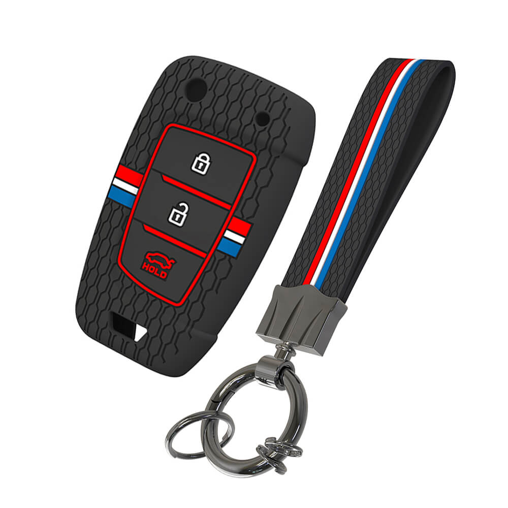 Keyzone striped silicone key cover & keychain for i20, Kona, Verna 3 button flip key (KZS-23, KZS Keychain)