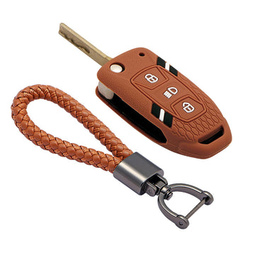 Keyzone striped key cover and keychain fit for : Tata Zest, Bolt, Tigor, Zica, Tiago, Safari Storme, Nexon, Harrier, Hexa flip key (KZS-13, Leather Thread Keychain)