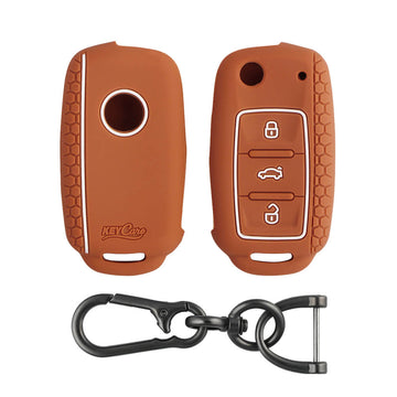 Keycare silicone key cover and keyring fit for : Octavia (Old), Fabia, Laura, Rapid, Superb, Yeti 3 button flip key (KC-13, Zinc Alloy)
