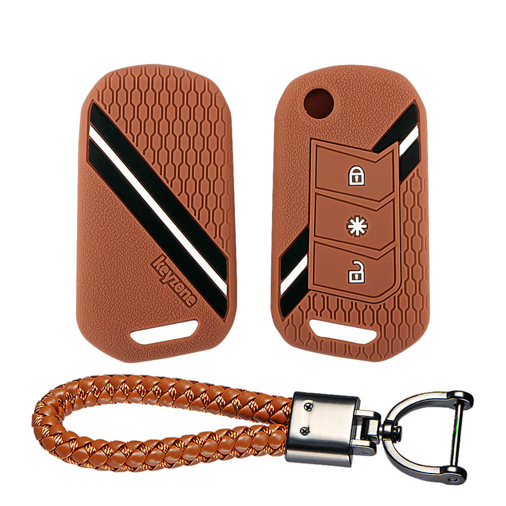 Keyzone striped key cover and keychain fit for : Marazzo, TUV300 Plus, Scorpio, Thar 2020, XUV700, XUV300, Bolero 2020, XUV400, Scorpio-N flip key (KZS-14, Leather Thread Keychain) - Keyzone