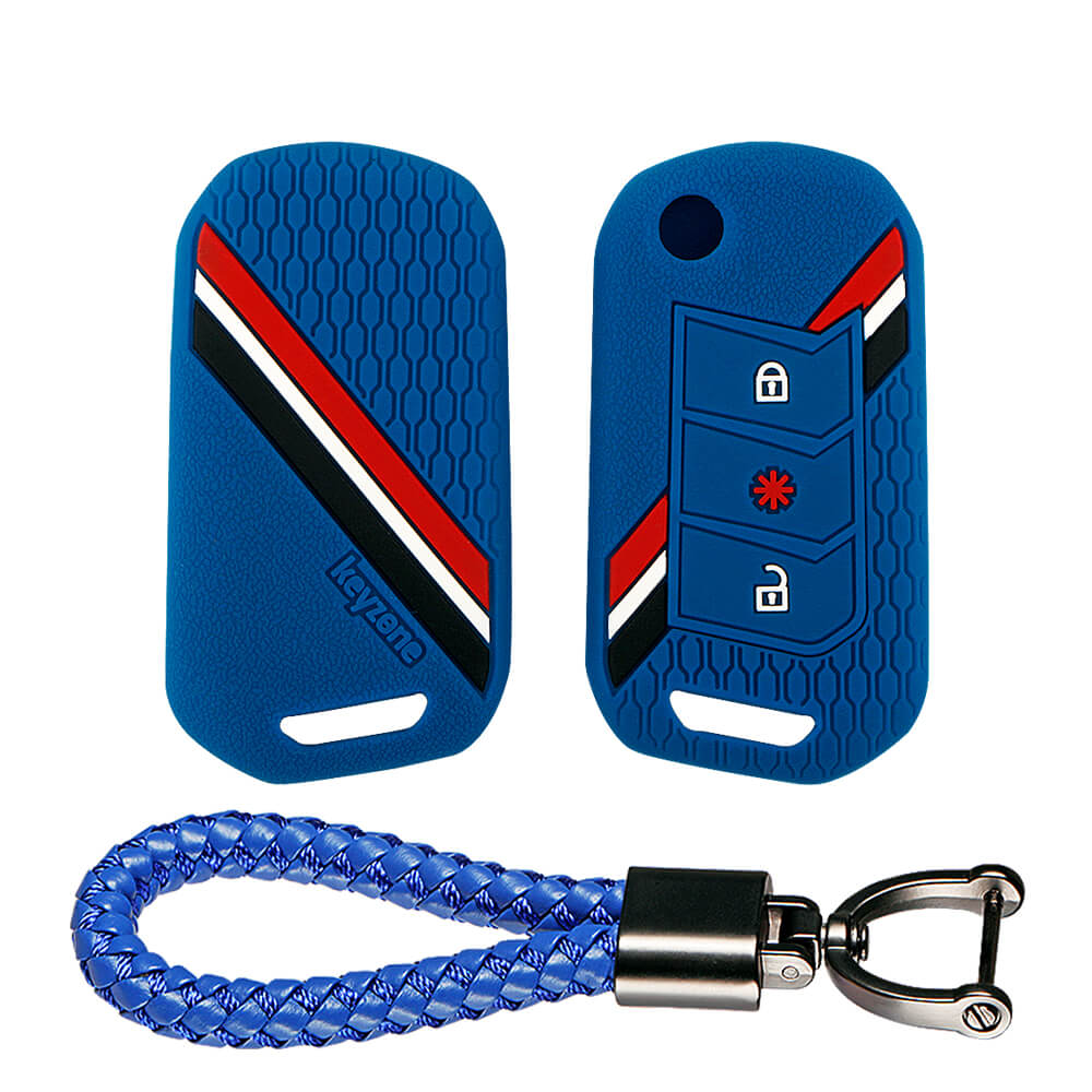 Keyzone striped key cover and keychain fit for : Marazzo, TUV300 Plus, Scorpio, Thar 2020, XUV700, XUV300, Bolero 2020, XUV400, Scorpio-N flip key (KZS-14, Leather Thread Keychain) - Keyzone