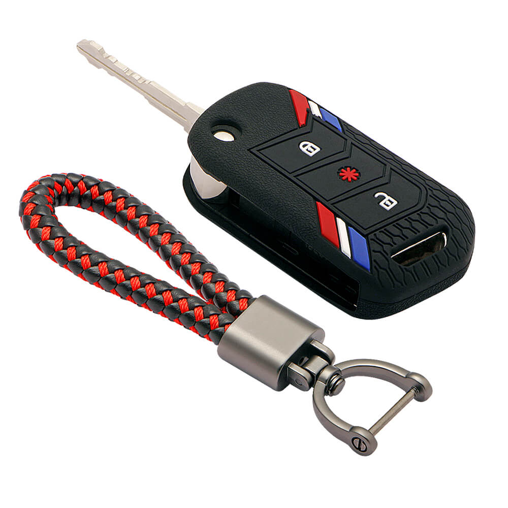 Keyzone striped key cover and keychain fit for : Marazzo, TUV300 Plus, Scorpio, Thar 2020, XUV700, XUV300, Bolero 2020, XUV400, Scorpio-N flip key (KZS-14, Leather Thread Keychain) - Keyzone