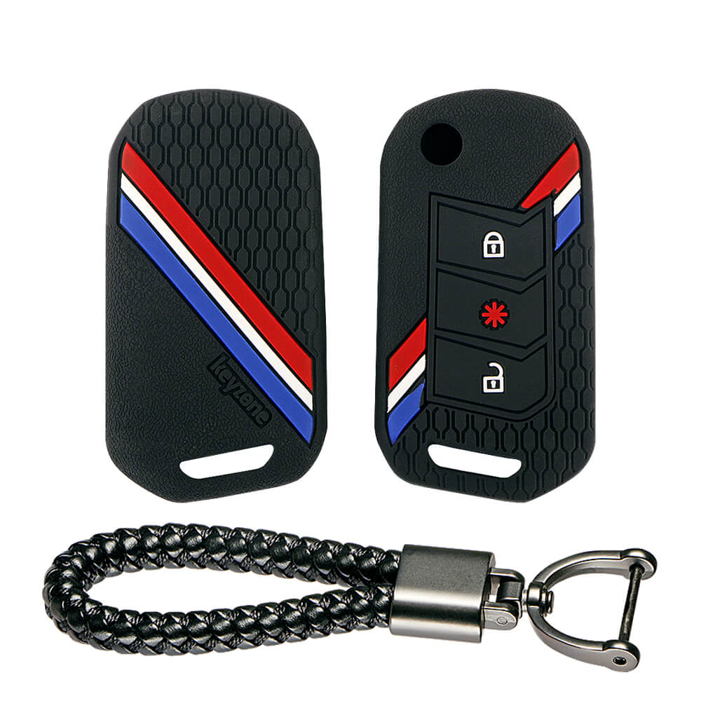 Keyzone striped key cover and keychain fit for : Marazzo, TUV300 Plus, Scorpio, Thar 2020, XUV700, XUV300, Bolero 2020, XUV400, Scorpio-N flip key (KZS-14, Leather Thread Keychain) - Keyzone