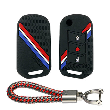 Keyzone striped key cover and keychain fit for : Marazzo, TUV300 Plus, Scorpio, Thar 2020, XUV700, XUV300, Bolero 2020, XUV400, Scorpio-N flip key (KZS-14, Leather Thread Keychain) - Keyzone