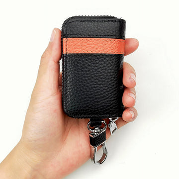 Keyzone Unisex Mens Womens Premium Band Pattern Leather Car Key Holder Bag Keychain Case Wallet with Zipper Closure (KW05)