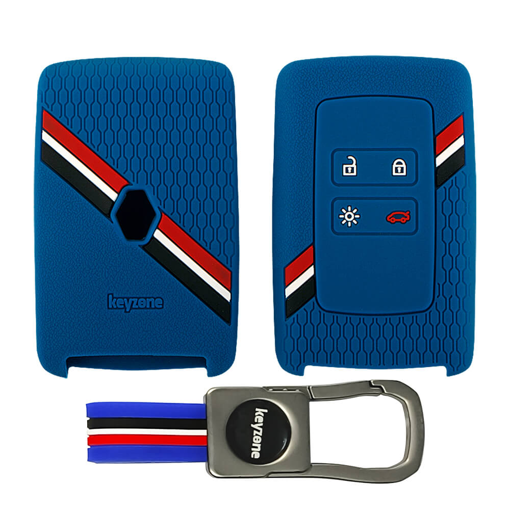 Keyzone striped silicone key cover & metal striped keyring for Renault Triber, Kiger Smart Card (KZS-16,KZMTKC)