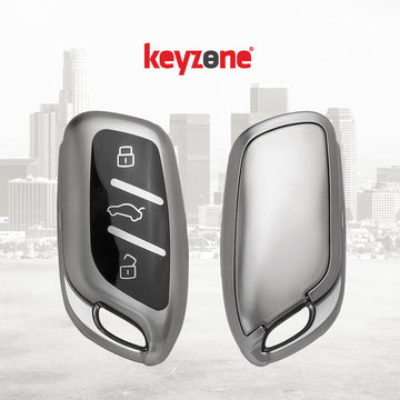 Keyzone TPU key cover & zinc alloy key holder for MG ZS EV, Astor 3 button smart key (GMTP65, Zinc Alloy)