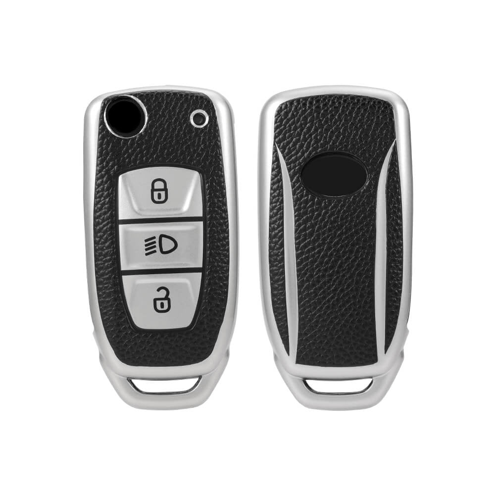 Keyzone Leather TPU Key Cover compatible for Tata Nexon Harrier Altroz Punch Safari Tigor Tiago Zest Bolt 3 button flip key (LTPU29) - Keyzone