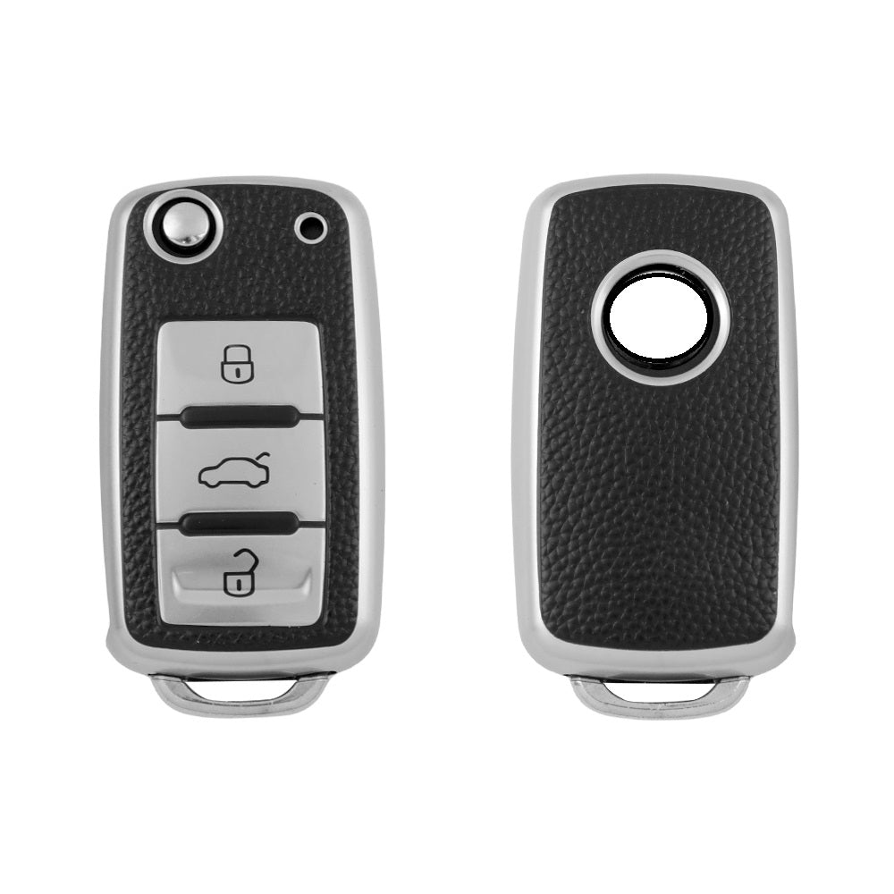 Keyzone leather TPU key cover & keychain for Octavia, Fabia, Laura, Superb, Rapid, Yeti 3 button flip key (LTPU13, LTPU Keychain) - Keyzone