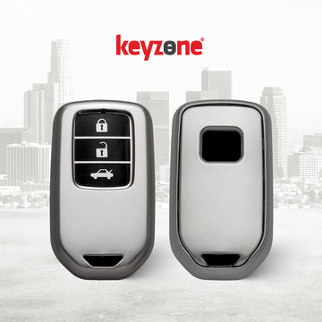 Keyzone TPU car key cover & zinc alloy key holder for Honda City, Civic, Jazz, Amaze, CR-V, BR-V, WR-V with 3 button smart key (GMTP24_3b, zinc alloy)