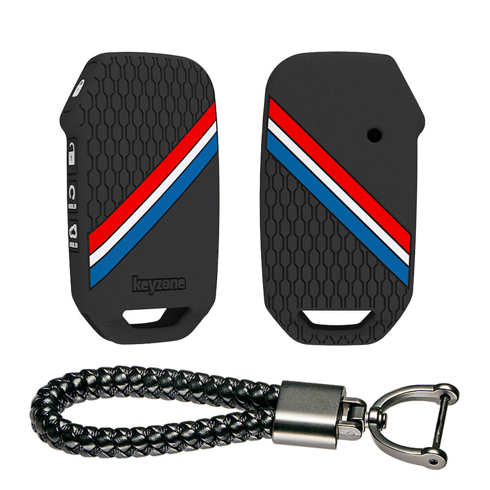 Keyzone striped silicone key cover & keychain for Kia Seltos, Sonet 2023 onwards 4 button smart key (KZS-21, Leather Thread Keychain)