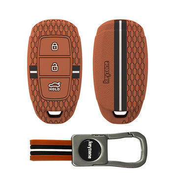 Keyzone striped silicone key cover & metal striped keyring for i20, Kona, Verna 3 button smart key (KZS-22,KZMTKC)