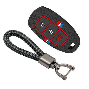 Keyzone striped silicone key cover & keychain for i20, Kona, Verna 3 button smart key (KZS-22, Leather Thread Keychain)