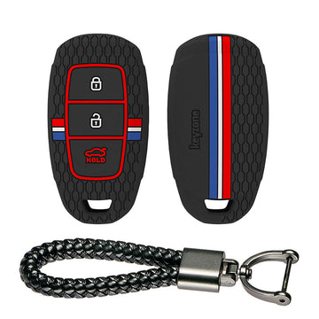 Keyzone striped silicone key cover & keychain for i20, Kona, Verna 3 button smart key (KZS-22, Leather Thread Keychain)