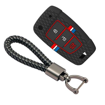 Keyzone striped silicone key cover & keychain for i20, Kona, Verna 3 button flip key (KZS-23, Leather Thread Keychain)