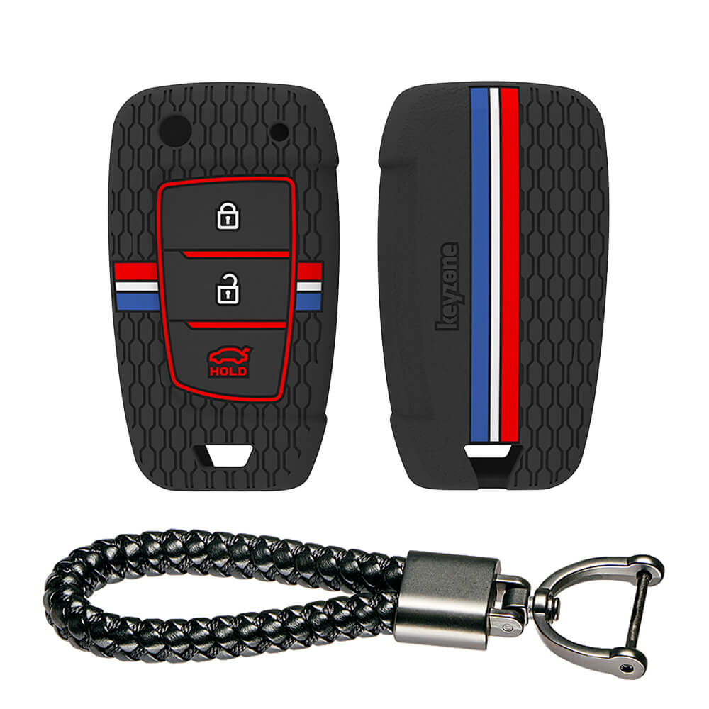 Keyzone striped silicone key cover & keychain for i20, Kona, Verna 3 button flip key (KZS-23, Leather Thread Keychain)