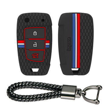 Keyzone striped silicone key cover & keychain for i20, Kona, Verna 3 button flip key (KZS-23, Leather Thread Keychain)