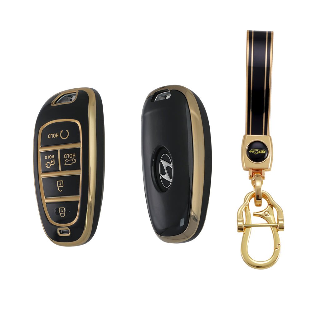 Keyzone TPU Car Key Cover & keychain Compatible for: Ioniq 5 smart key (KZTP_Ioniq5_LightGoldBlack_TPKeychain) - Keyzone