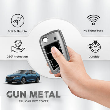 Keyzone TPU key cover & metal alloy key holder for Virtus, Tiguan, Taigun, Jetta, Slavia, Kodiaq, Kushaq, Karoq, Octavia flip key (GMTP44, MAH KeyHolder)