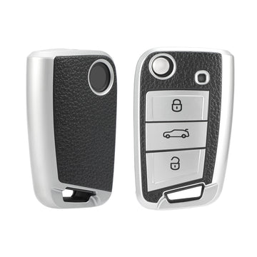 Keyzone leather TPU key cover fit for: Slavia, Karoq, Octavia, Superb, Kodiaq, Kushaq 3 button flip key (LTPU44)