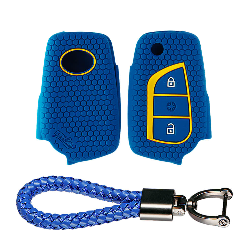 Keycare silicone key cover and keyring fit for : Innova Crysta, Corolla Altis 3 button flip key (KC-42, Leather Thread Keychain) - Keyzone