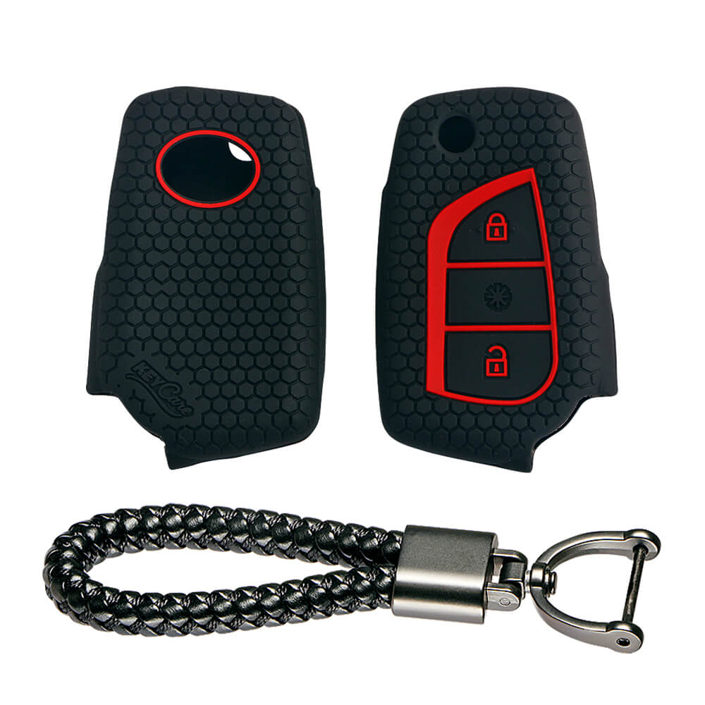 Keycare silicone key cover and keyring fit for : Innova Crysta, Corolla Altis 3 button flip key (KC-42, Leather Thread Keychain) - Keyzone
