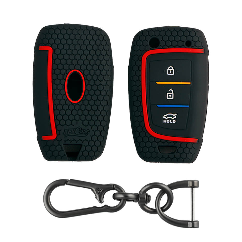 Keycare silicone key cover and keyring fit for : i20, Kona, Verna 2018 Onwards 3 button flip key (KC-43, Zinc Alloy) - Keyzone