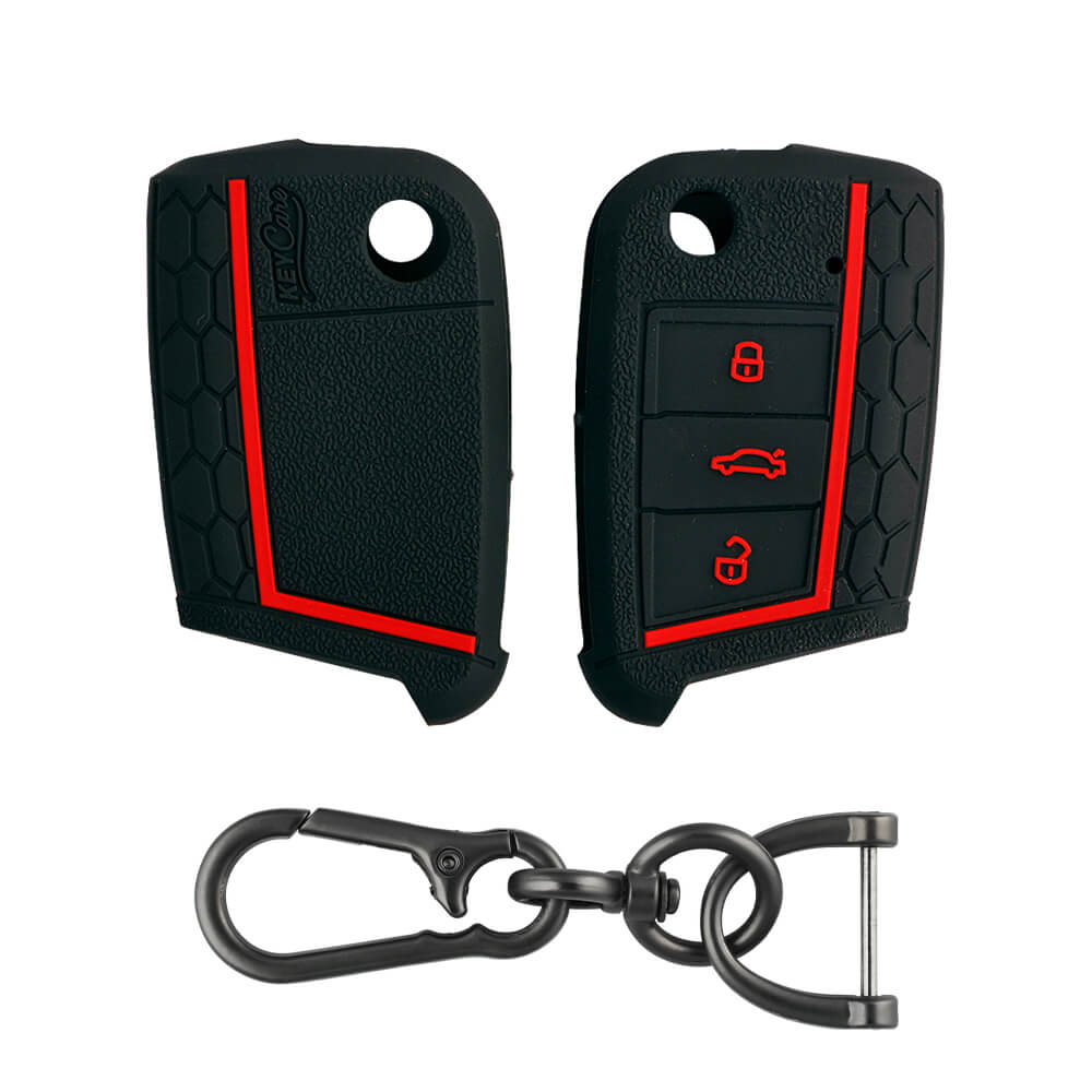 Keycare silicone key cover and keyring fit for : Karoq, Octavia, Superb, Kodiaq, Slavia flip key (KC-44, Zinc Alloy) - Keyzone