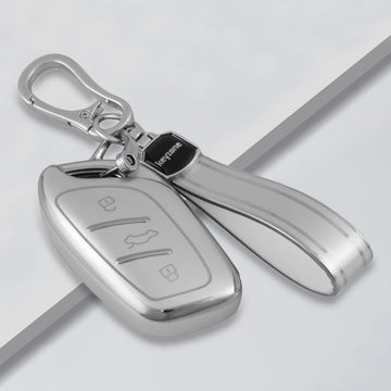 Keyzone silver dust TPU key cover & keychain for MG Astor, ZS EV smart key (SDTP65, SDTPKeychain)