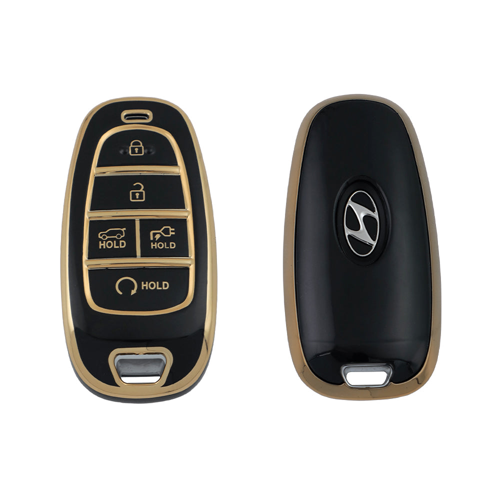 Keyzone TPU Car Key Cover & keychain Compatible for: Ioniq 5 smart key (KZTP_Ioniq5_LightGoldBlack_TPKeychain) - Keyzone