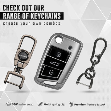 Keyzone TPU key cover & zinc alloy key holder for Virtus, Tiguan, Taigun, Jetta, Slavia, Kodiaq, Kushaq, Karoq, Octavia flip key (GMTP44, zinc alloy)