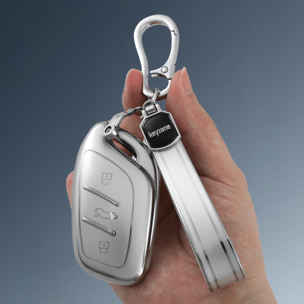 Keyzone silver dust TPU key cover & keychain for MG Astor, ZS EV smart key (SDTP65, SDTPKeychain)