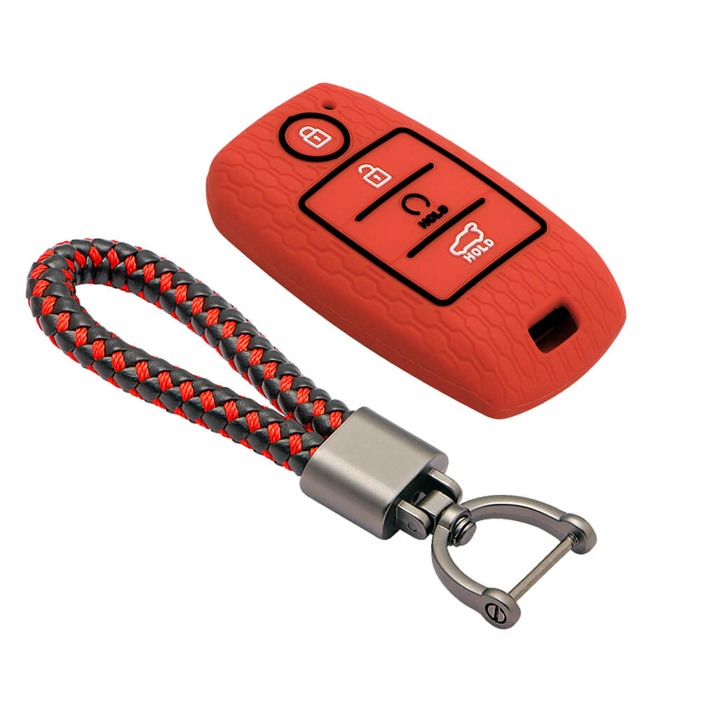 Keycare silicone key cover and keyring fit for : Sonet, Seltos 2020, Carens, Seltos X-line 4 button smart key (KC-61, Leather Thread Keyring) - Keyzone