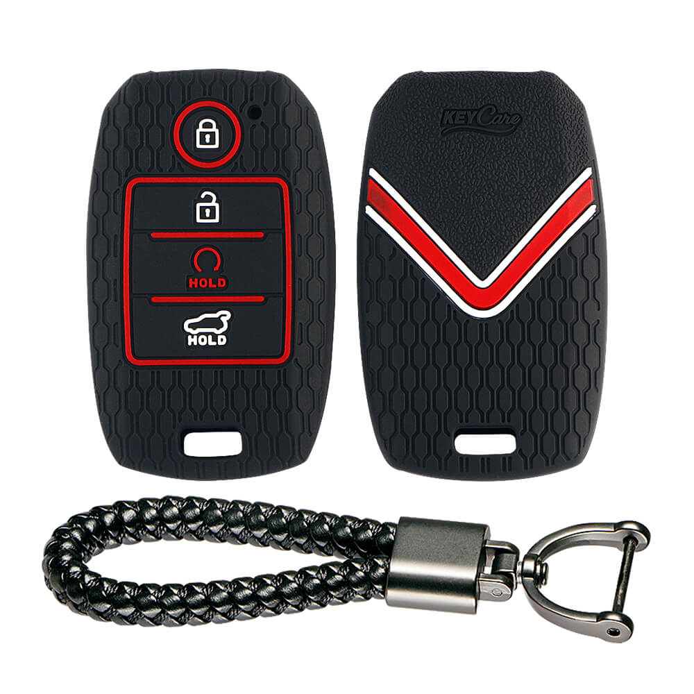 Keycare silicone key cover and keyring fit for : Sonet, Seltos 2020, Carens, Seltos X-line 4 button smart key (KC-61, Leather Thread Keyring) - Keyzone