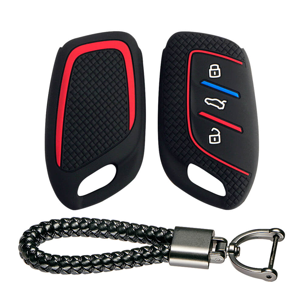 Keycare Silicone Key Cover and keychain Fit for MG : MG ZS EV, Astor 3 Button Smart Key (KC65, Leather Thread Keychain) - Keyzone