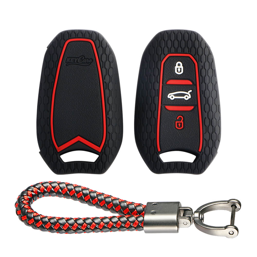 Keycare silicone key cover and keyring fit for : Citroen C5 Aircross 3 button smart key (KC-66, Leather Thread Keychain) - Keyzone